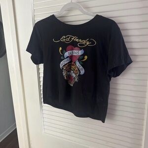 Ed Hardy Black Tee with Gold Logo and Colorful Tiger Heart